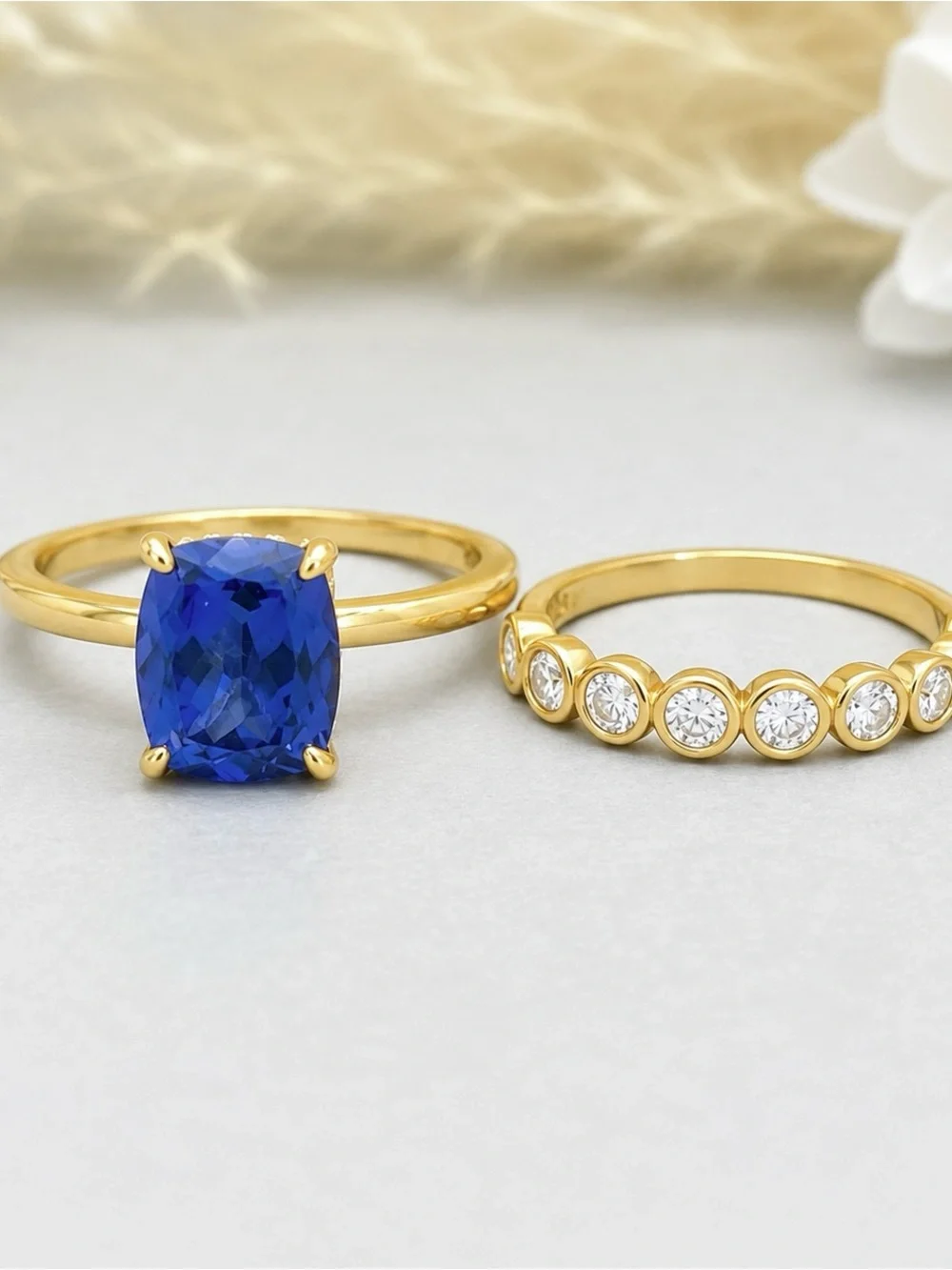 Yellow Gold 3Ct Cushion Blue Sapphire Moissanite Band Sterling Silver Ring Set